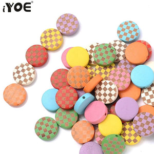 15mm Flat Round Wooden Beads Multicolor Checkered Spacer Beads