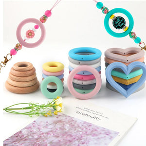5Pcs Silicone and Wooden DIY Crafts Chewable Teething Rings