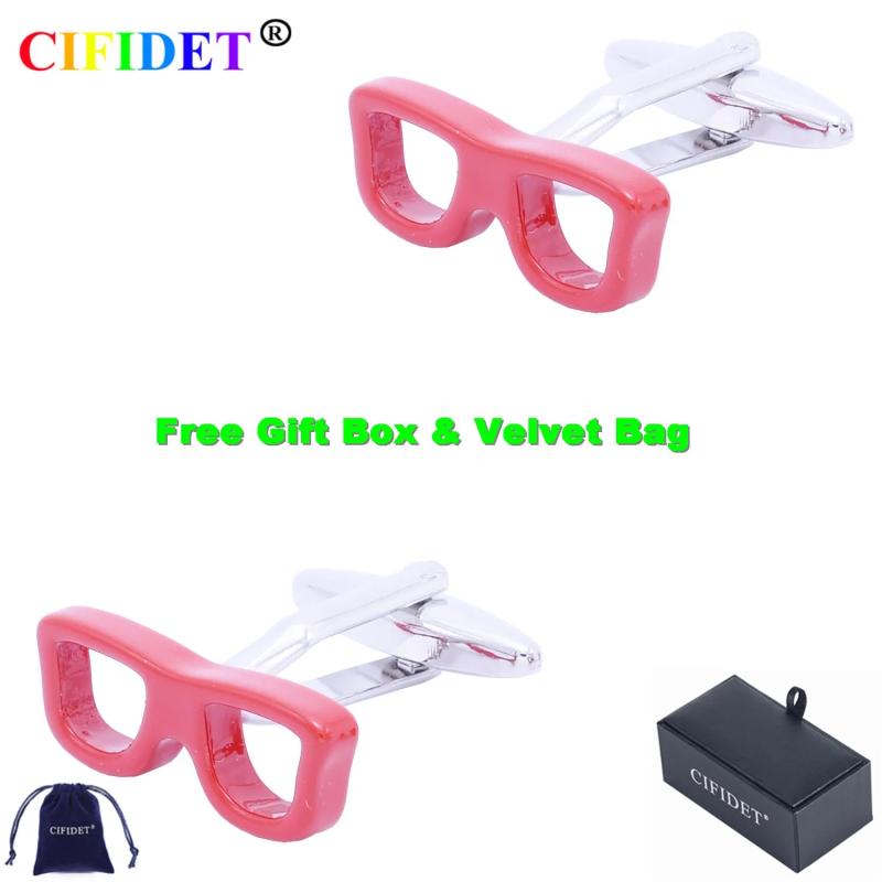 Red Glasses Shirt Cuff Link With Velvet Bag