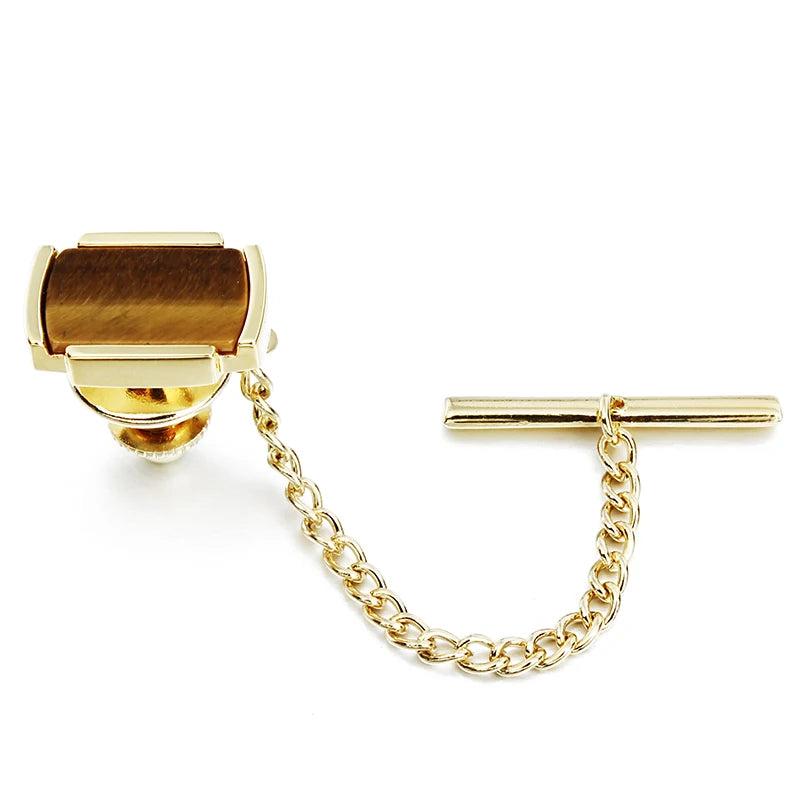 Metal Tie Tack/Pin with Safety Chain Golden Matte Metal Clutch Back