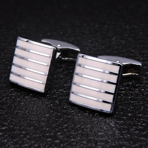 Men's French Cufflinks Enamel Square Silvery Striped Cufflinks