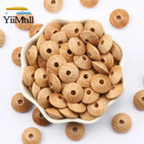50pcs Natural Lentil Wooden Beads Round Flat Beech Loose Spacer Beads