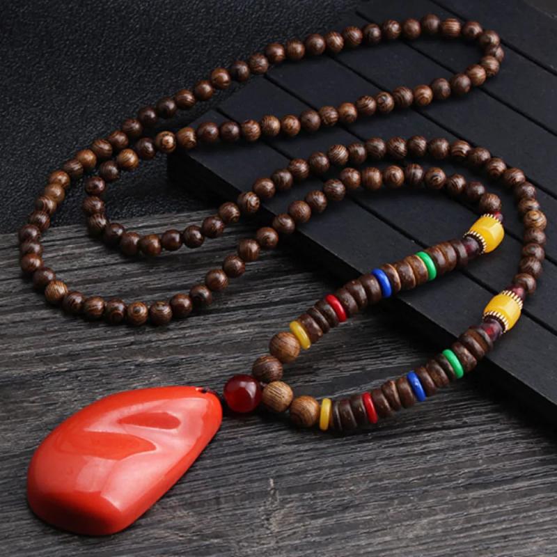 Retro ethnic wooden beads Pendant Necklace Long Sweater Chain