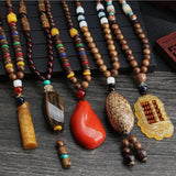 Retro ethnic wooden beads Pendant Necklace Long Sweater Chain
