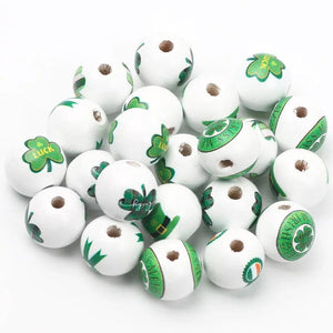 15mm Natural Wood Beads Lucky Four-leaved Clover Pattern Round Balls Beads