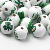 15mm Natural Wood Beads Lucky Four-leaved Clover Pattern Round Balls Beads
