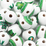 15mm Natural Wood Beads Lucky Four-leaved Clover Pattern Round Balls Beads