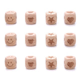 10-30Pcs 12mm Beech Wooden Beads Square Pattern for Crafts DIY Jewelry