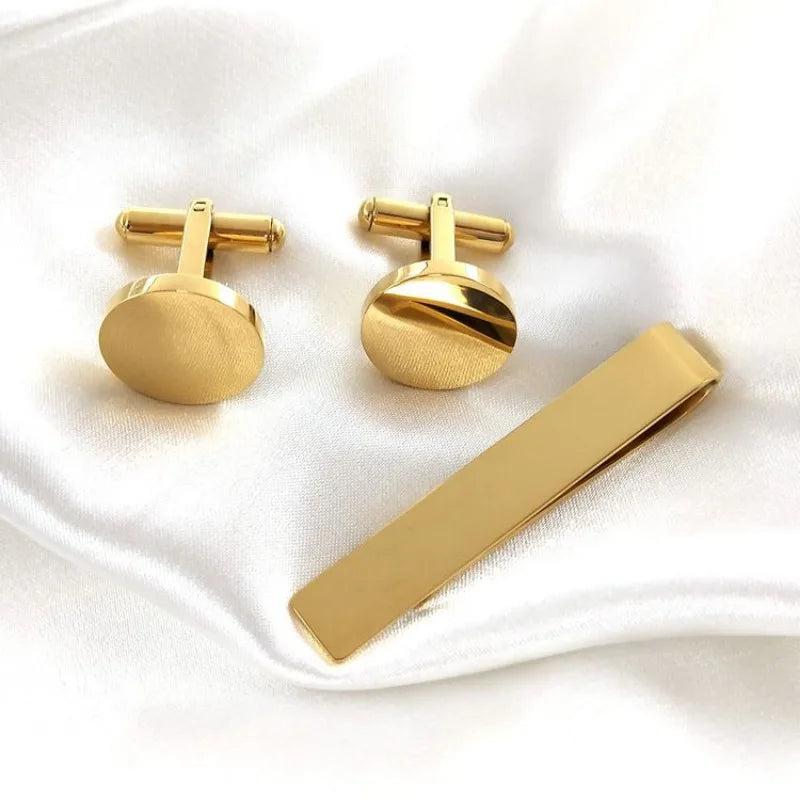 Smooth Stainless Steel Tie Clip Cufflink Set Business Wedding Accessories