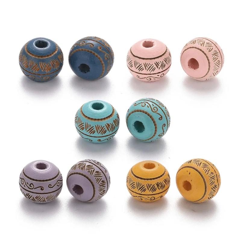 20pcs Painted Natural Wood Beads 10mm Laser Engraved Round with Leave Pattern