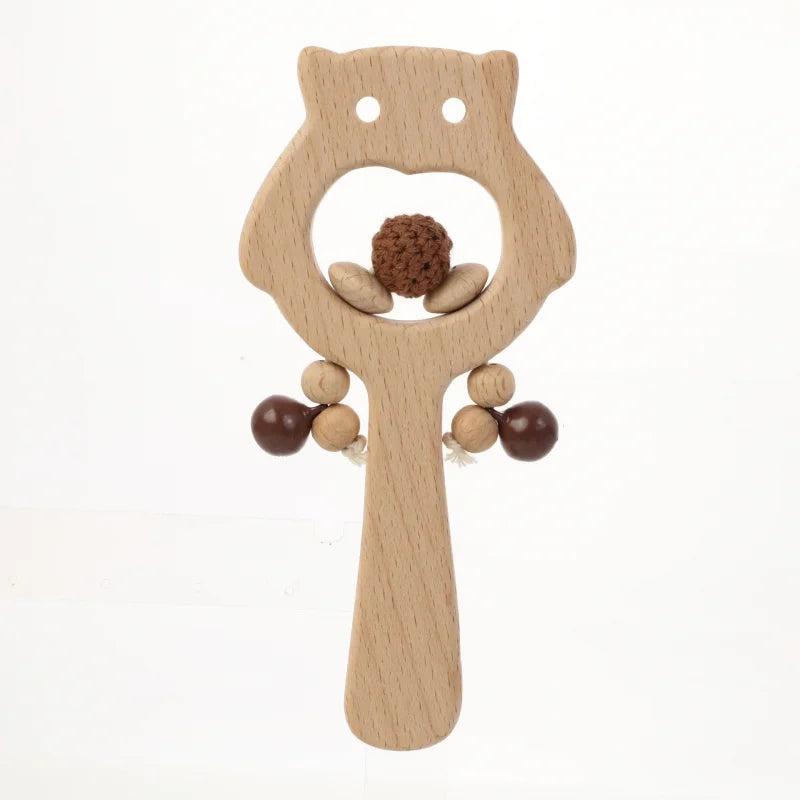 Wooden Owl Rattle Teething Ring Stroller Toy