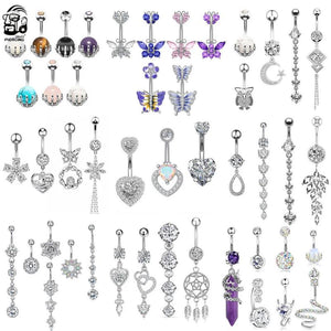 Butterfly Heart Dangled Belly Button Ring Set Crystal CZs Skeleton Hand Ball