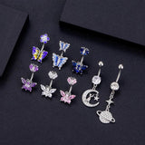 Butterfly Heart Dangled Belly Button Ring Set Crystal CZs Skeleton Hand Ball