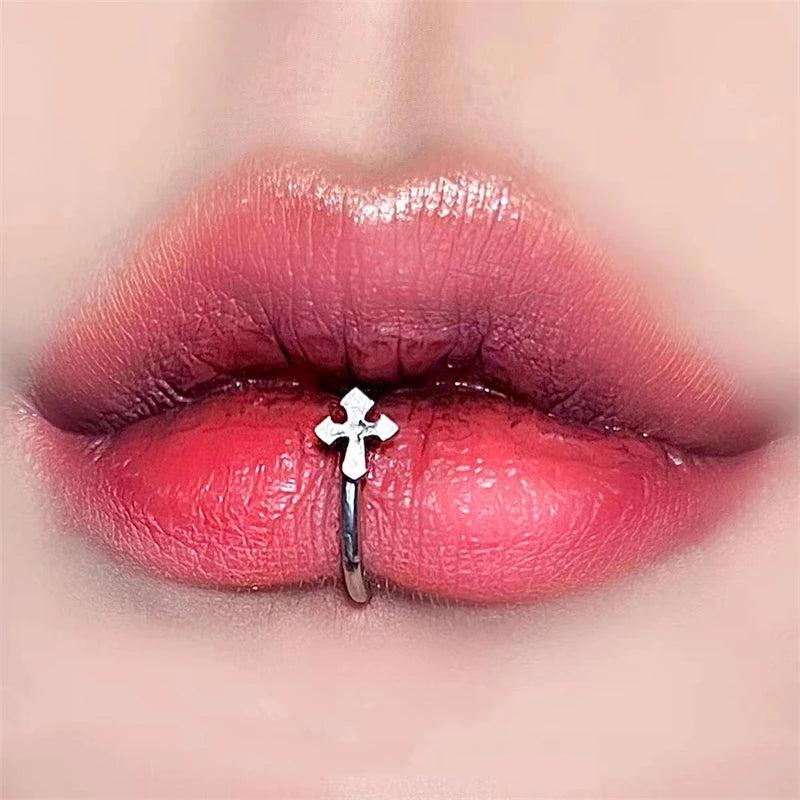 Punk Titanium Steel Cross Lip Ring Closure Heart Earrings