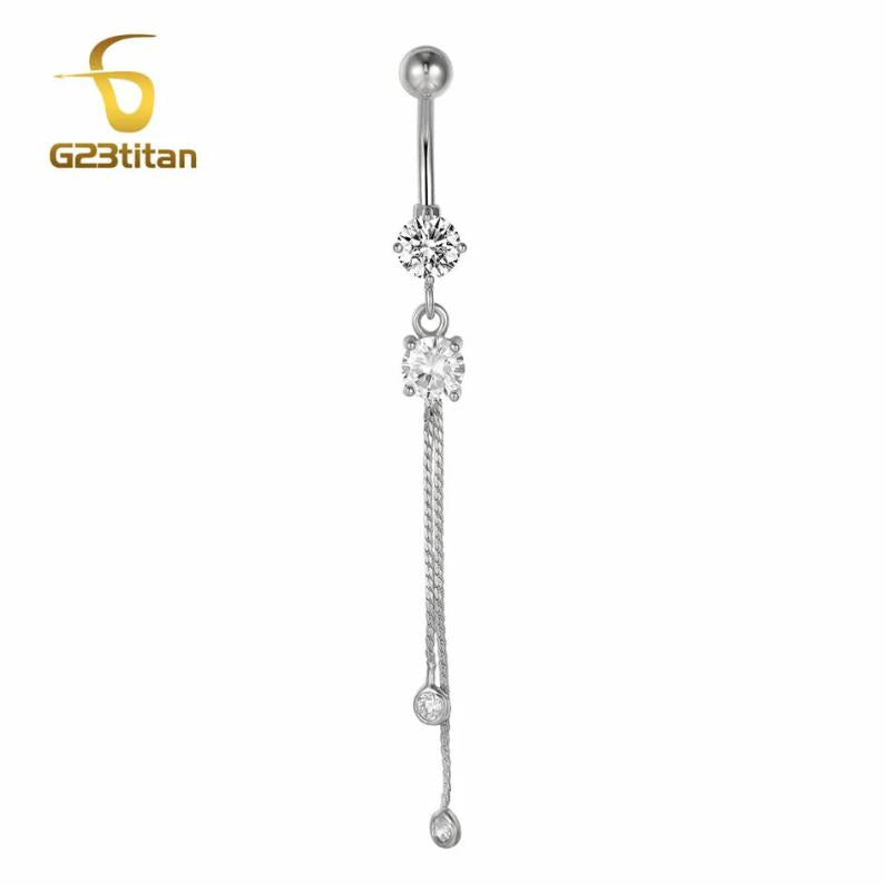 Long Tassel Belly Ring Crystal Navel Barbell 14G Body Jewelry