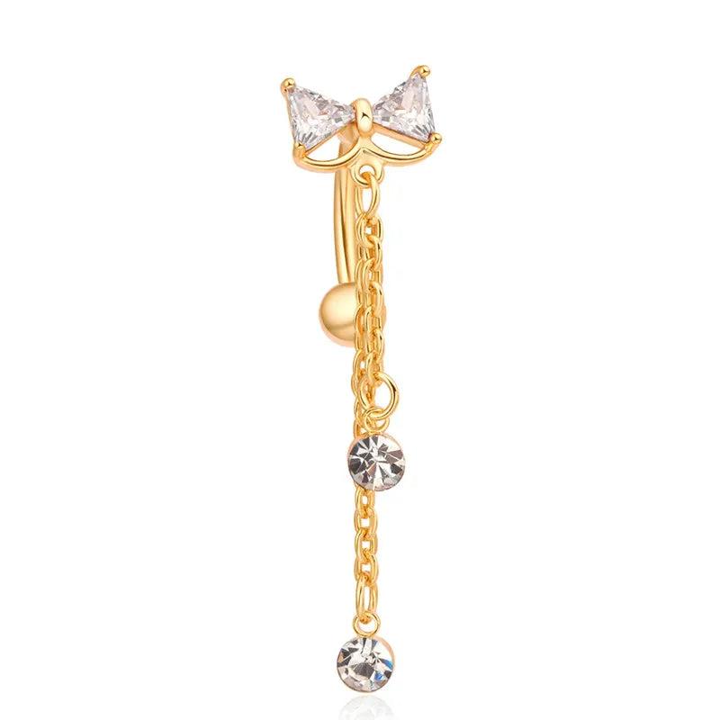 Bowknot CZ Navel Bar Silver Dangle Piercing Reverse Belly Button Ring