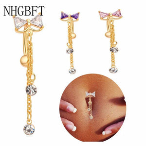 Bowknot CZ Navel Bar Silver Dangle Piercing Reverse Belly Button Ring