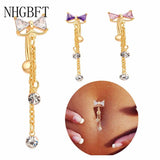 Bowknot CZ Navel Bar Silver Dangle Piercing Reverse Belly Button Ring