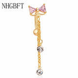 Bowknot CZ Navel Bar Silver Dangle Piercing Reverse Belly Button Ring