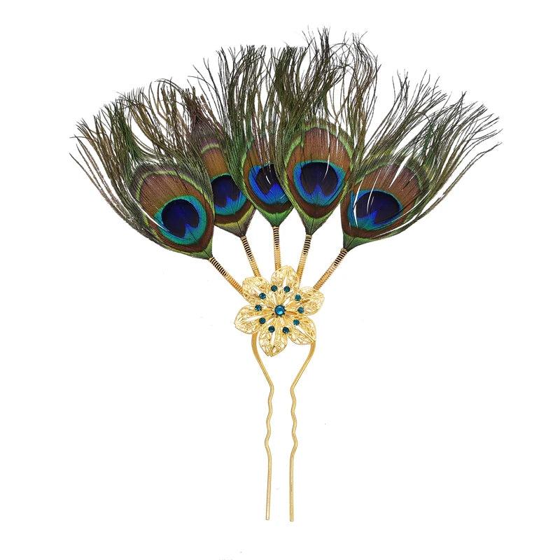 Peacock Feathers Hairpin Flower Rhinestones Hair Jewelry Statement