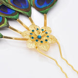 Peacock Feathers Hairpin Flower Rhinestones Hair Jewelry Statement