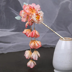 Metal Hair Stick Hanfu Fabric Flower Tassel Hairpins Hair Bun Chopstick
