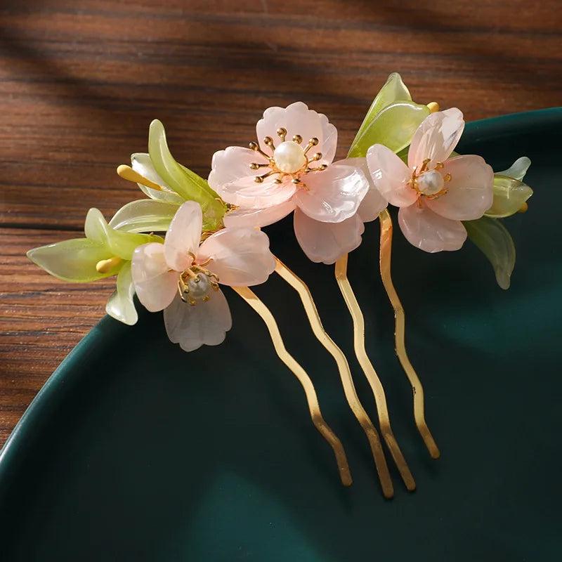 Vintage Chinese Hairpin Pink Flower Pearl Hair Clip Fork