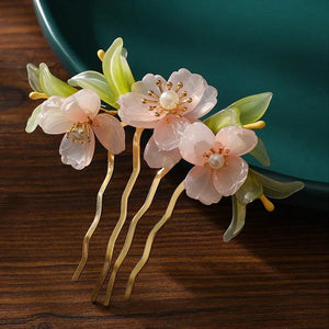 Vintage Chinese Hairpin Pink Flower Pearl Hair Clip Fork