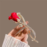 Red Rose Flower Twisting Hairpin Zircon Metal Pan Head Hair Buckle