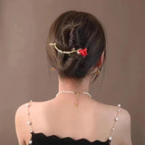 Red Rose Flower Twisting Hairpin Zircon Metal Pan Head Hair Buckle