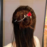 Red Rose Flower Twisting Hairpin Zircon Metal Pan Head Hair Buckle