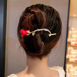 Red Rose Flower Twisting Hairpin Zircon Metal Pan Head Hair Buckle