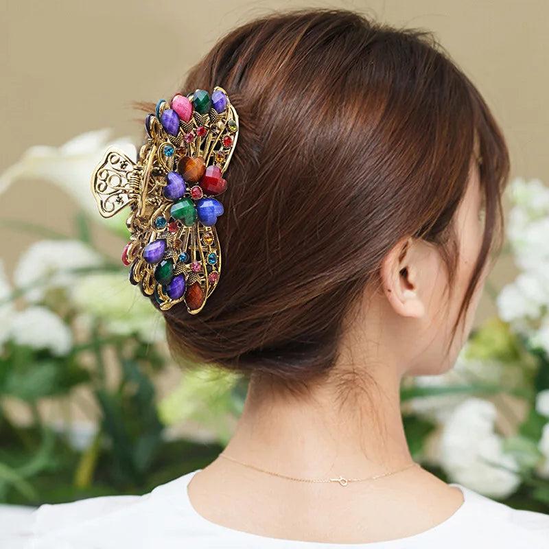 Vintage Crystal Resin Flower Hair Claw Crab Jewelry Peacock Clip Women Banquet
