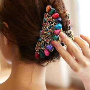 Vintage Crystal Resin Flower Hair Claw Crab Jewelry Peacock Clip Women Banquet