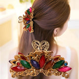 Vintage Crystal Resin Flower Hair Claw Crab Jewelry Peacock Clip Women Banquet
