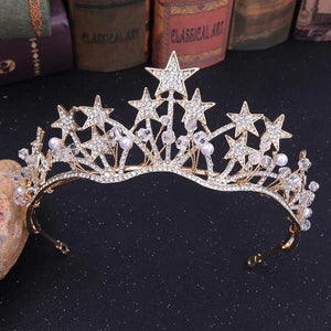 Baroque Star Crystal Pearl Wedding Tiaras Bridal Crown for Bride