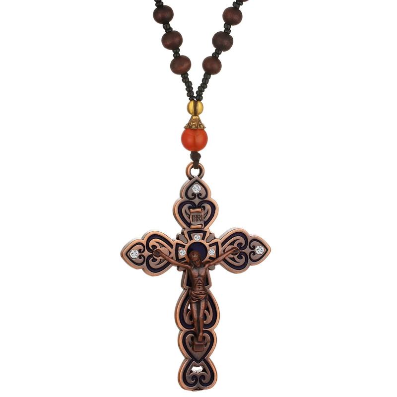 Ancient Bronze Crystal Crucifix Jesus Cross Pendant Necklace