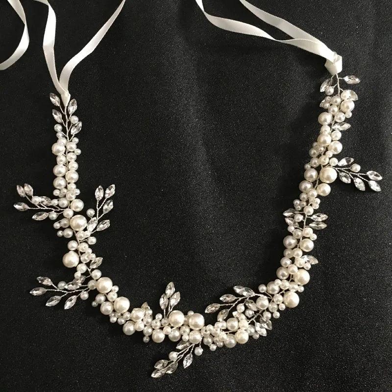 Ribbon Crystals Pearls Wedding Headband Hair Vine