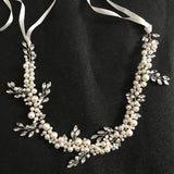 Ribbon Crystals Pearls Wedding Headband Hair Vine