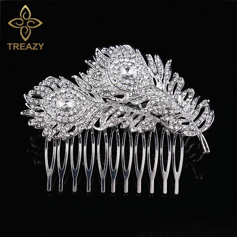 Vintage Crystal Peacock Feather Hair Comb
