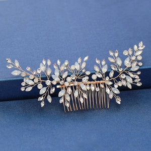 Gold Leaf Flower Bridal Headwear Wedding Hair Comb Pearl Water Drill Jewelry