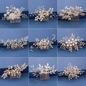 Gold Leaf Flower Bridal Headwear Wedding Hair Comb Pearl Water Drill Jewelry