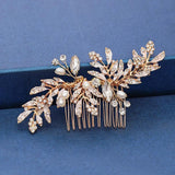 Gold Leaf Flower Bridal Headwear Wedding Hair Comb Pearl Water Drill Jewelry