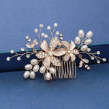 Gold Leaf Flower Bridal Headwear Wedding Hair Comb Pearl Water Drill Jewelry