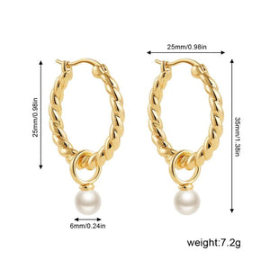 Punk Twist Circle Hoop Earrings with Pearl Pendant