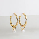 Punk Twist Circle Hoop Earrings with Pearl Pendant