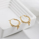 Punk Twist Circle Hoop Earrings with Pearl Pendant