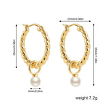 Punk Twist Circle Hoop Earrings with Pearl Pendant