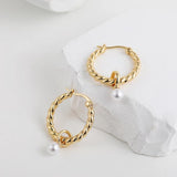 Punk Twist Circle Hoop Earrings with Pearl Pendant