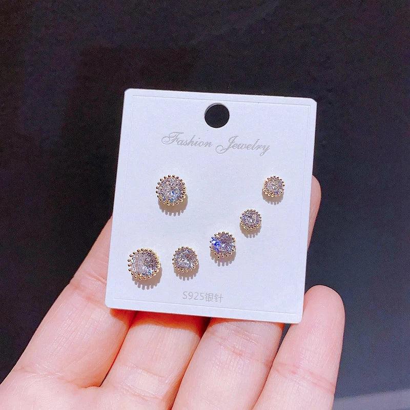 3 Pairs CZ Stud Earrings Set Gold/Silver Crystal Jewelry